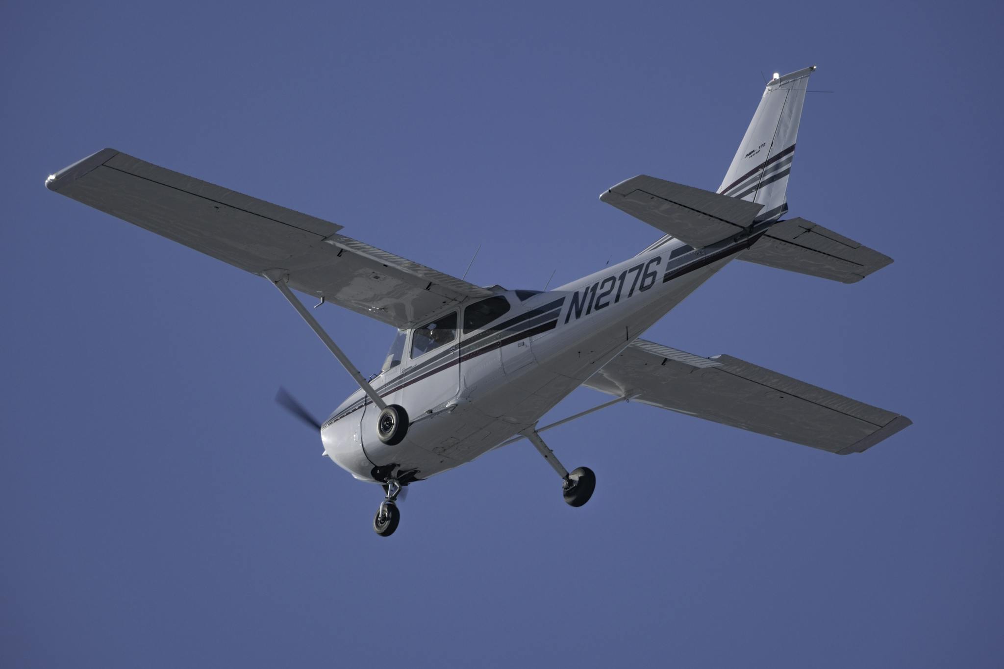 A small private aircraft soaring through the clear blue sky, showcasing aviation freedom.